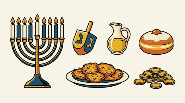 Illustrated Hanukkah menorah and traditional holiday treats
