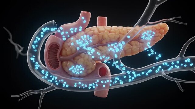 Medical animation of human pancreas secreting insulin