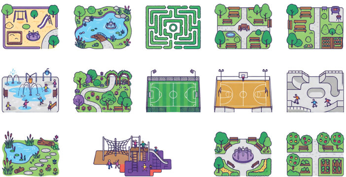 People enjoying public park facilities with playground garden fountain sports courts skate park and recreation area icon set vector illustration