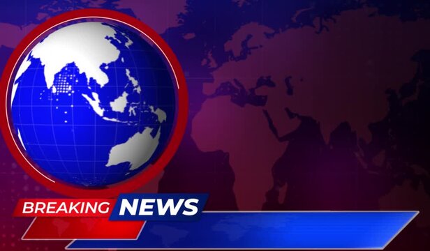 Breaking News Template intro for TV broadcast news show program with 3D text badge lower third. News background screen red blue world map rotation, earth globe spinning animation. studio background. 
