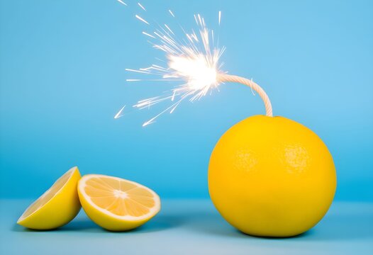 Sparkling lemon slice exploding with festive celebration against blue gradient background