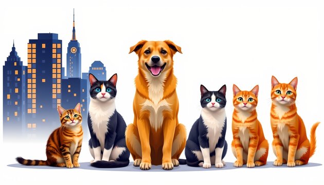 A digital illustration of four cats and one dog standing together against a city skyline backdrop, seemingly in unison, evoking a sense of unity among the pets.