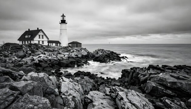 Dramatic black and white lighthouse scene with crashing waves on rocky shore