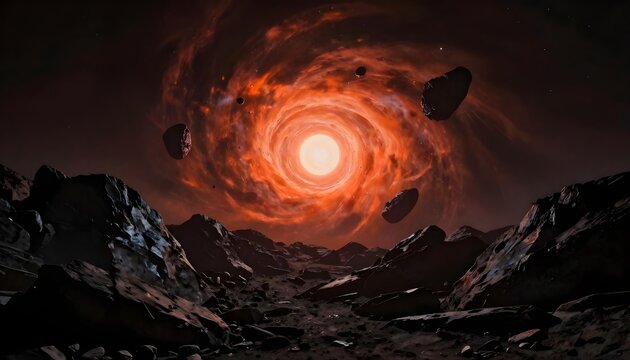 Surreal cosmic landscape with a swirling vortex and floating asteroids