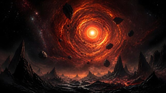 Surreal dark landscape with jagged rocky terrain and fiery cosmic vortex