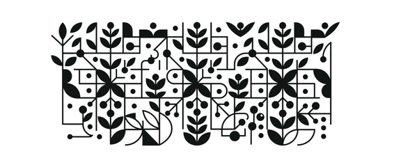 Obraz premium Abstract Geometric Floral Pattern with Black and White Motifs