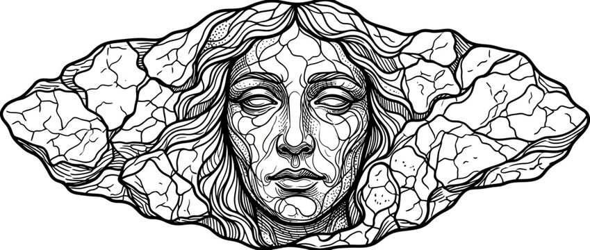 Stone Face Sculpture with Flowing Hair
