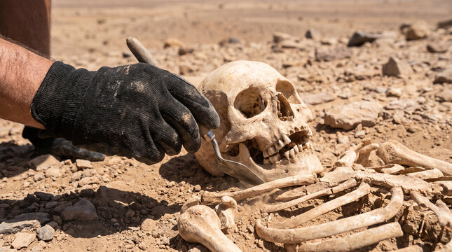 Archaeologist uncovering ancient human skeleton in desert excavation. Scientist carefully brushing sand off fossilized remains at dig site.