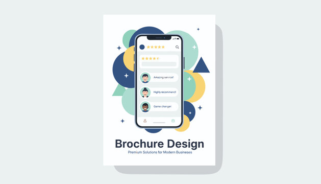 Brochure design template featuring customer feedback and rating reviews on a smartphone