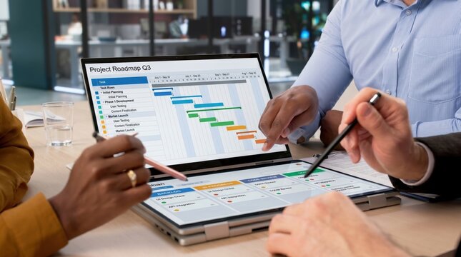 Business team analyzing project roadmap gantt chart on laptop during strategy meeting, planning timeline and workflow management in office
