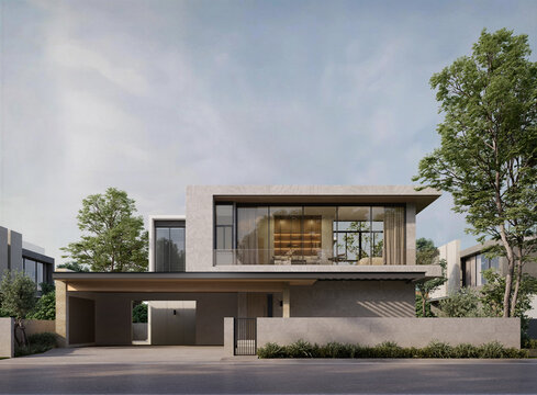 Exterior modern box house. 3d rendering