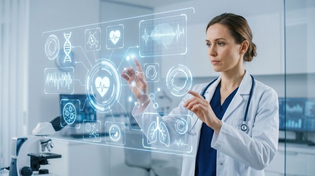 Female doctor using futuristic holographic interface, medical technology concept, healthcare innovation, digital health data analysis, smart hospital, AI in medicine, telemedici...