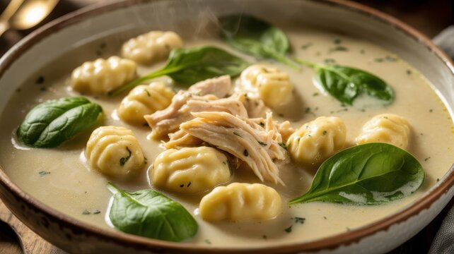 Creamy chicken and dumpling soup with fresh spinach