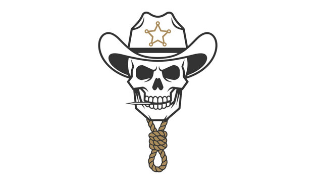 Cowboy skull wearing sheriff hat over hangman rope noose