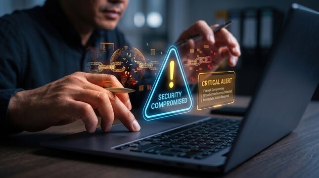 Businessman analyzing cybersecurity threat, digital hologram showing security compromised warning on laptop screen, firewall breach alert, data protection concept, immediate act...
