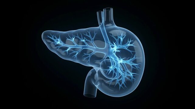 Rotating holographic human pancreas with glowing internal ducts
