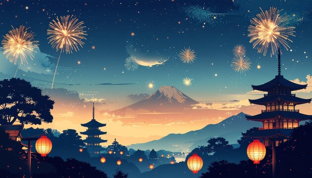 Modern Japanese summer festival night with lanterns and fireworks, nostalgic ukiyo-e style