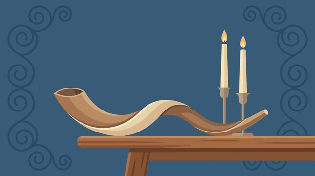 A traditional shofar horn rests beside two lit candles on a wooden table