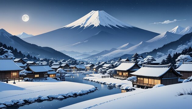 Modern Japanese art of a snowy mountain village at night in indigo and silver, calm minimal scene