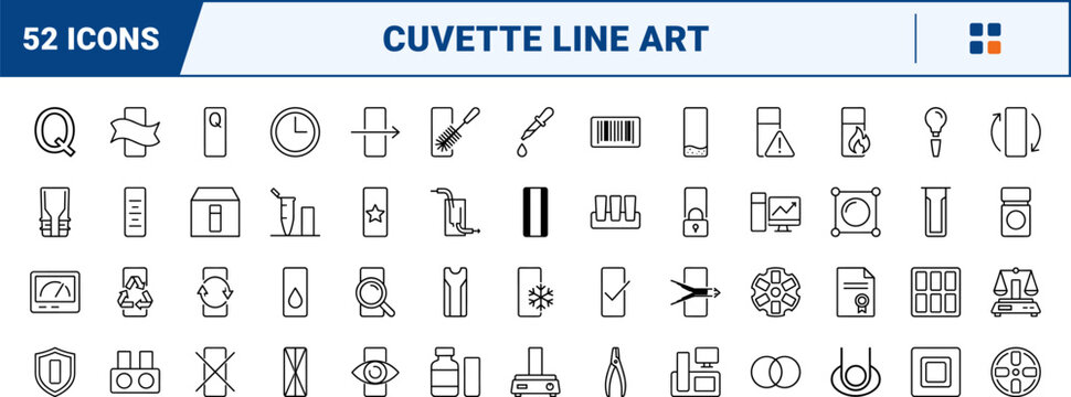 Laboratory cuvette spectroscopy line icon set. Vector pictograms of clear, sides, spectrophotometer, and analysis elements, thin linear illustration.