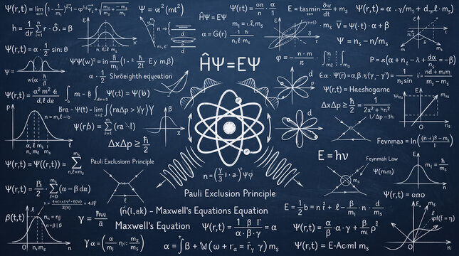 Quantum Computing Lab mathematical formulas and atom diagram on chalkboard