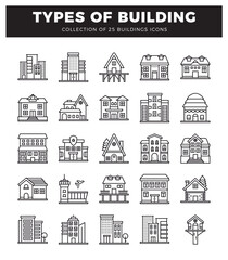 Fototapeta premium 25 building icons in line art style on white background. Buildings collection. diverse architecture with different house types. apartments. and modern structures.