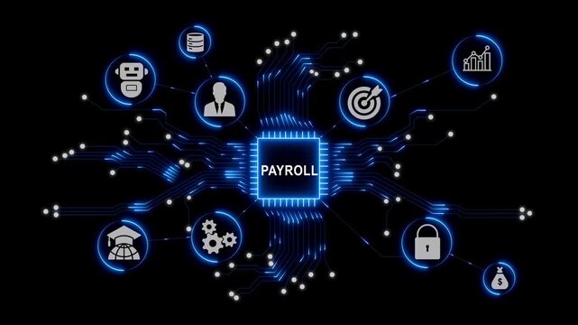 Payroll Management Technology Interface with Glowing Business Icons and Blue Digital Circuit Connections on a Dark Futuristic Background