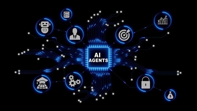 AI Agents Technology Concept Featuring Illuminated Digital Network Icons Across a Dark Blue Futuristic Interface Background Design