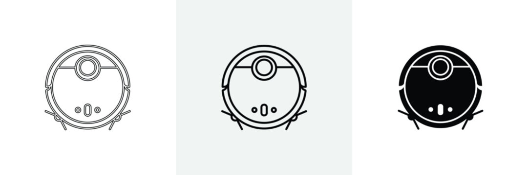 Robotic vacuum cleaner top view icon set in line and solid style.