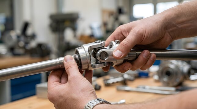 Mechanic assembling a universal joint drive shaft in a workshop.