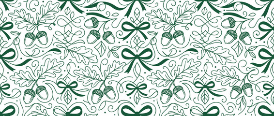 Seamless pattern of oak leaves and acorns with bows. © Joyo