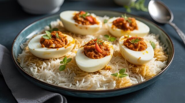 Plate of stuffed deviled eggs on rice