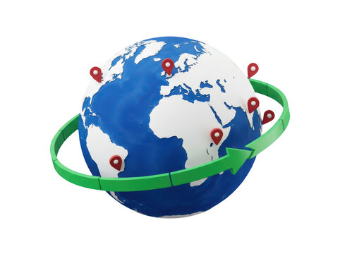 A globe with red location pins and a green arrow circling it