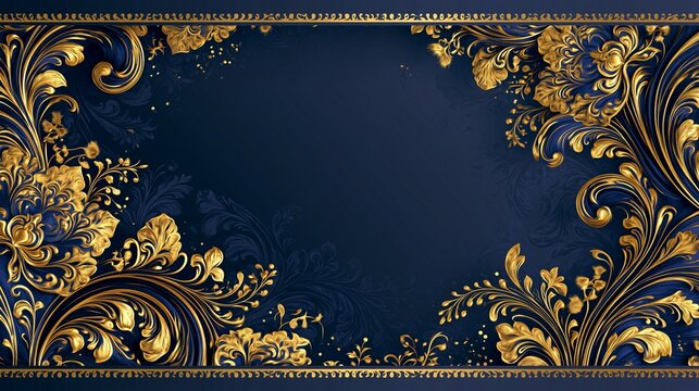 Luxurious gold and blue baroque floral frame design, ornate vintage background, elegant invitation template, decorative border