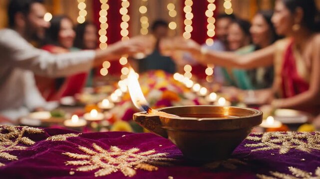 Diwali oil lamp on table with family dinner background