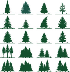 Obraz premium Green Conifer Pine Tree Silhouette Icon Set Featuring Evergreen Fir and Spruce Elements for Winter Forest Landscape and Nature Graphic Designs