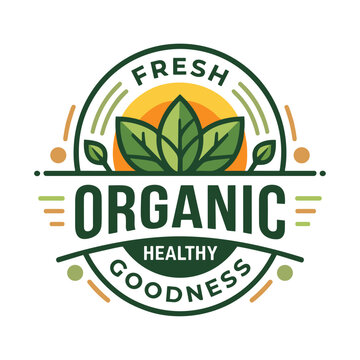 Fresh organic healthy goodness badge logo design with leaves and sun.