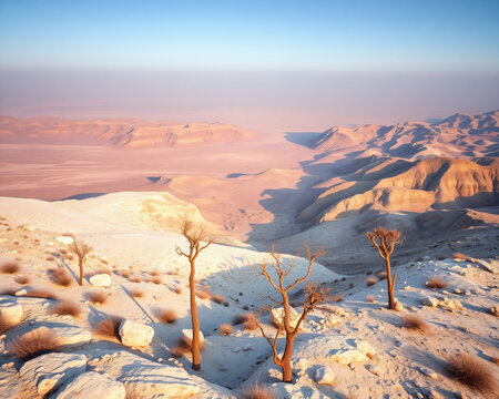 Paysage d&eacute;sertique enneig&eacute; avec un arbre d&eacute;nud&eacute; et des rochers sous un ciel rose et dor&eacute; au lever du soleil, atmosph&egrave;re &eacute;ph&eacute;m&egrave;re et po&eacute;tique hivernale