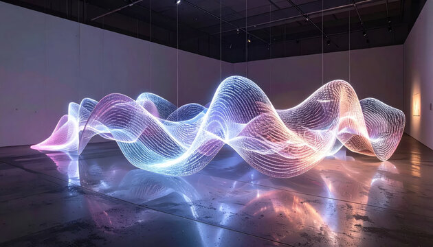 Luminous wave art installation displaying dynamic light patterns in a modern gallery space