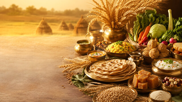 Indian harvest festival food table with fresh grains, seasonal vegetables, flatbreads, rice dishes, jaggery and traditional sweets arranged in brass bowls, wheat stalk decorations, golden countryside 