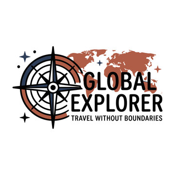 Global explorer travel logo design with compass and world map illustration.