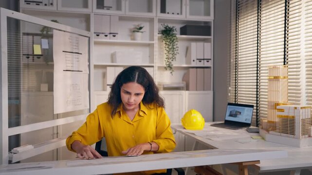 Young Hispanic woman architect sitting at desk, working in an office. 