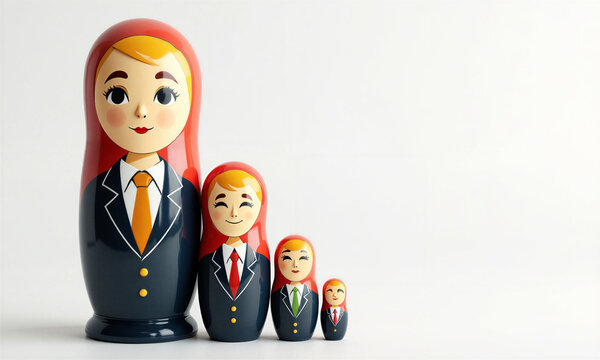 Matryoshka business growth nesting dolls in corporate suits represent career hierarchy on a white background with copy space