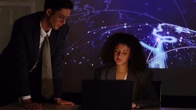Seminar woman with man in conversation for ai governance, machine learning, Presenter promoting artificial intelligence solutions, Strategy plan to executive write prompt AI bot IT app program.