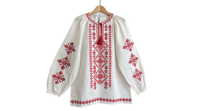 Traditional Slavic white linen shirt dress with ethnic embroidery isolated on transparent background