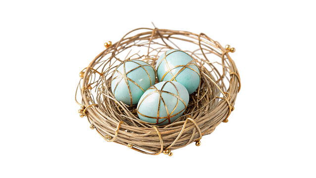 Small round twins twigs bird nest light blue eggs isolated on transparent background