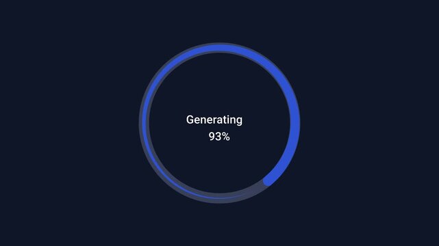Minimal animated circular progress ring displaying generating status and percentage on a dark background. Modern motion graphic for AI processing, rendering, loading, and technology interfaces.