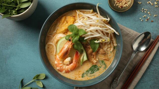 Vibrant seafood laksa with fresh toppings