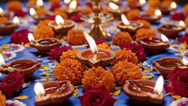 Diwali oil lamps and marigold flowers on blue fabric.