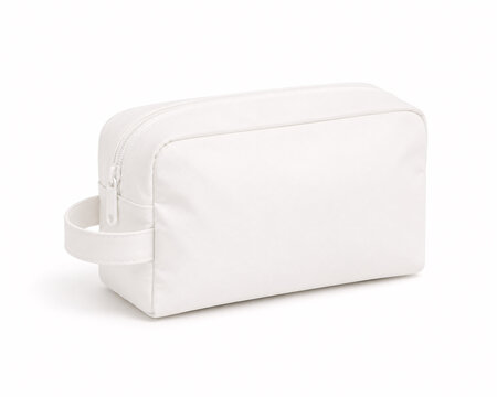 white fabric travel pouch with rounded corners and strap